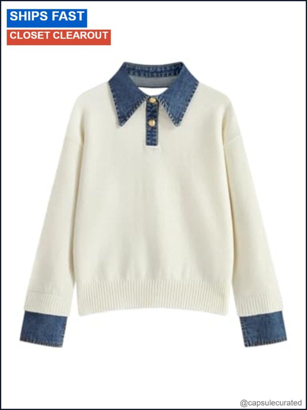 Oversized Denim Collar Polo Sweater Long Sleeve Knit Pullover